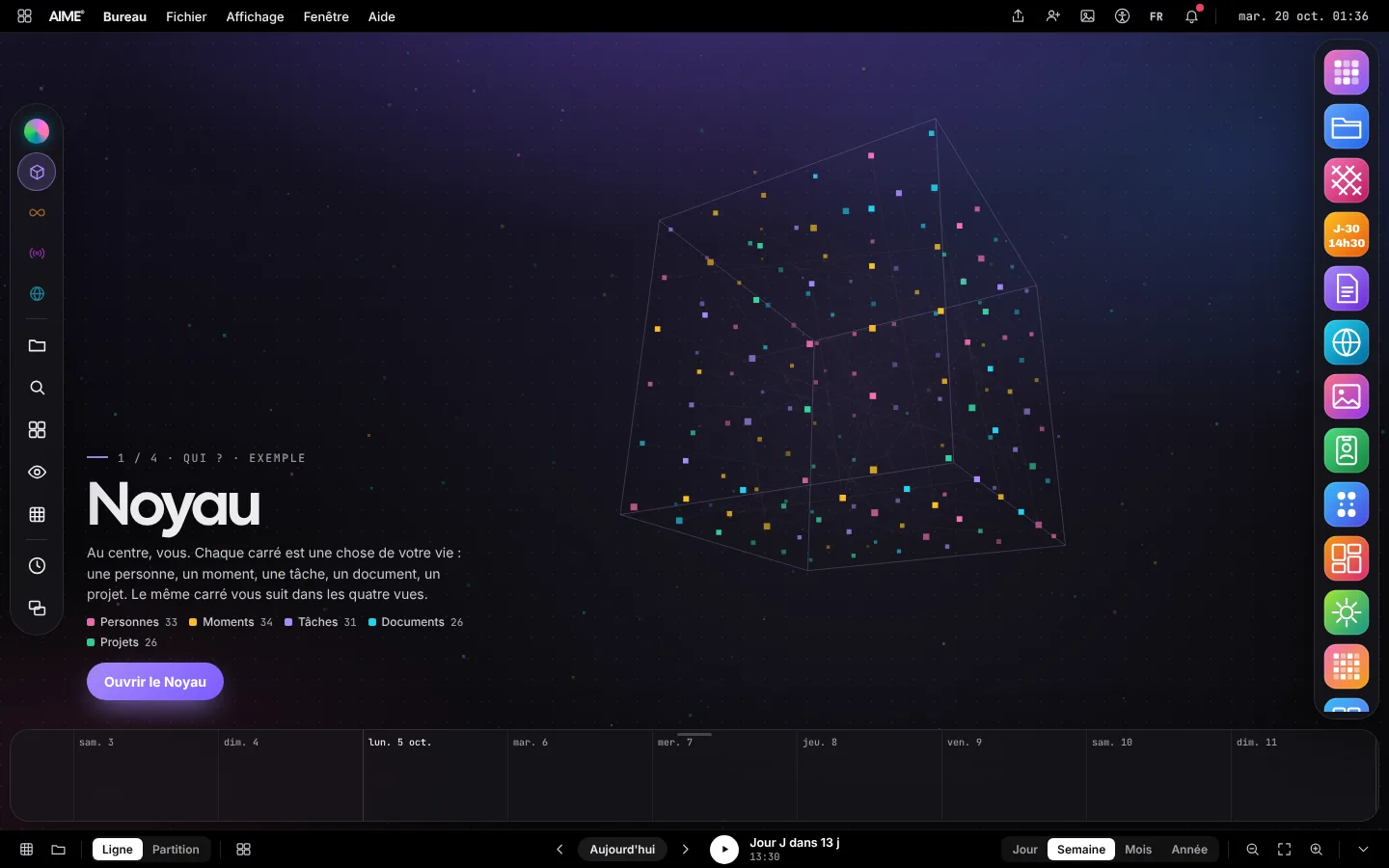 Le Bureau AIME à l'ouverture : le Noyau, un cube de carrés colorés reliés par des fils, la timeline en bas et le Dock à droite