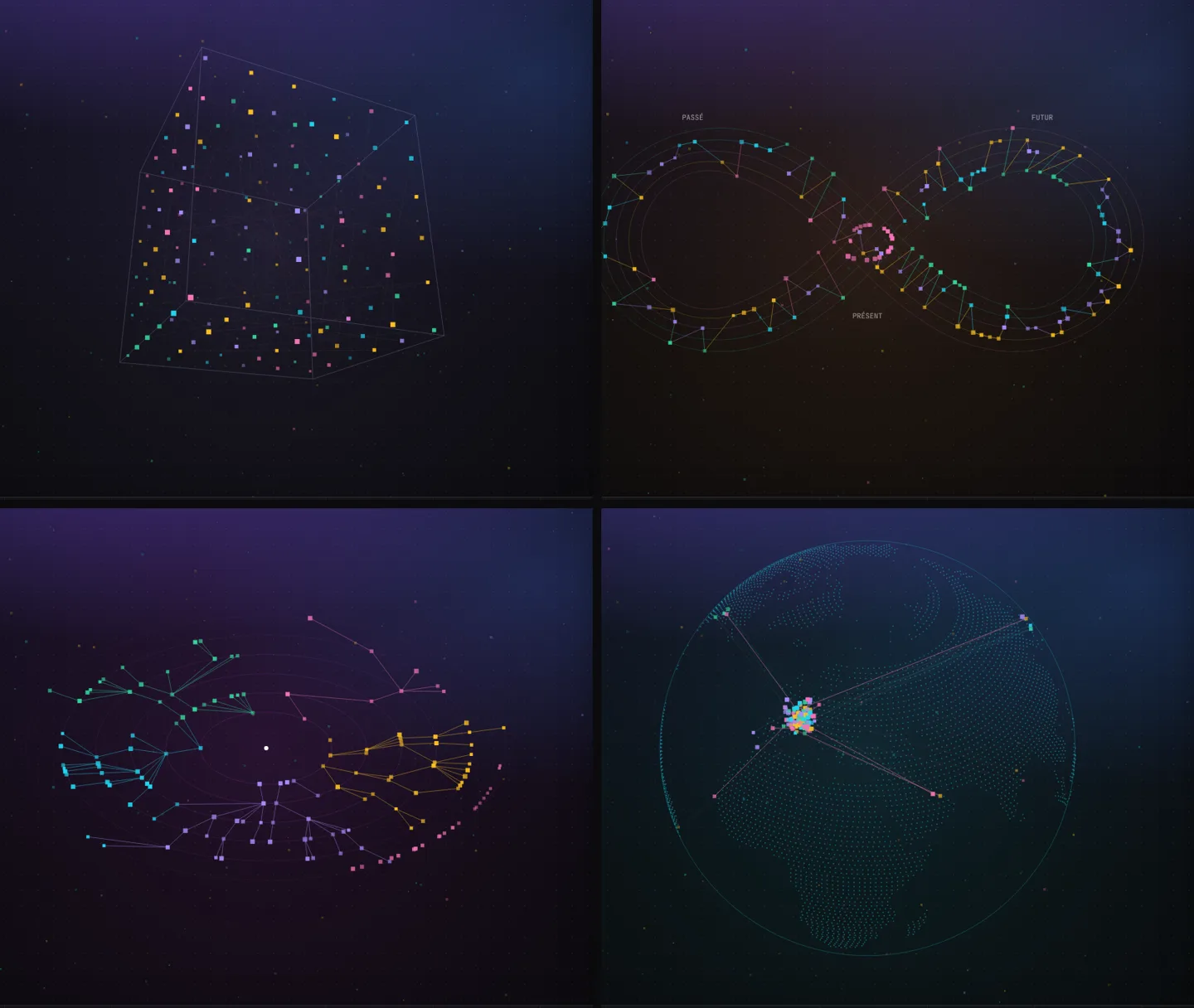 Les mêmes carrés en quatre vues : le cube du Noyau, l'infini du temps, l'onde des conséquences, le globe