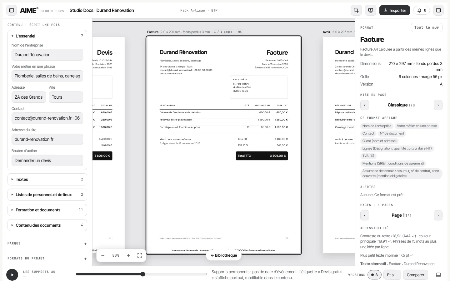 Studio Docs : une facture avec ses mentions obligatoires